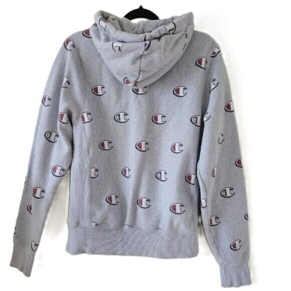 Champion Hoodie Mens S Grey Reverse Weave Kanga Pocket LS AOP Y2K Preppy Casual - Picture 7 of 12